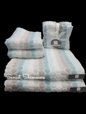 8pc Soho Living Bath Hand Washcloth Striped Dot Aqua Blue Gray Towel Set New